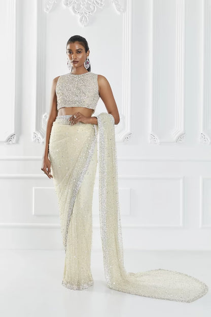 Ivory Pearl Embellished Saree Set