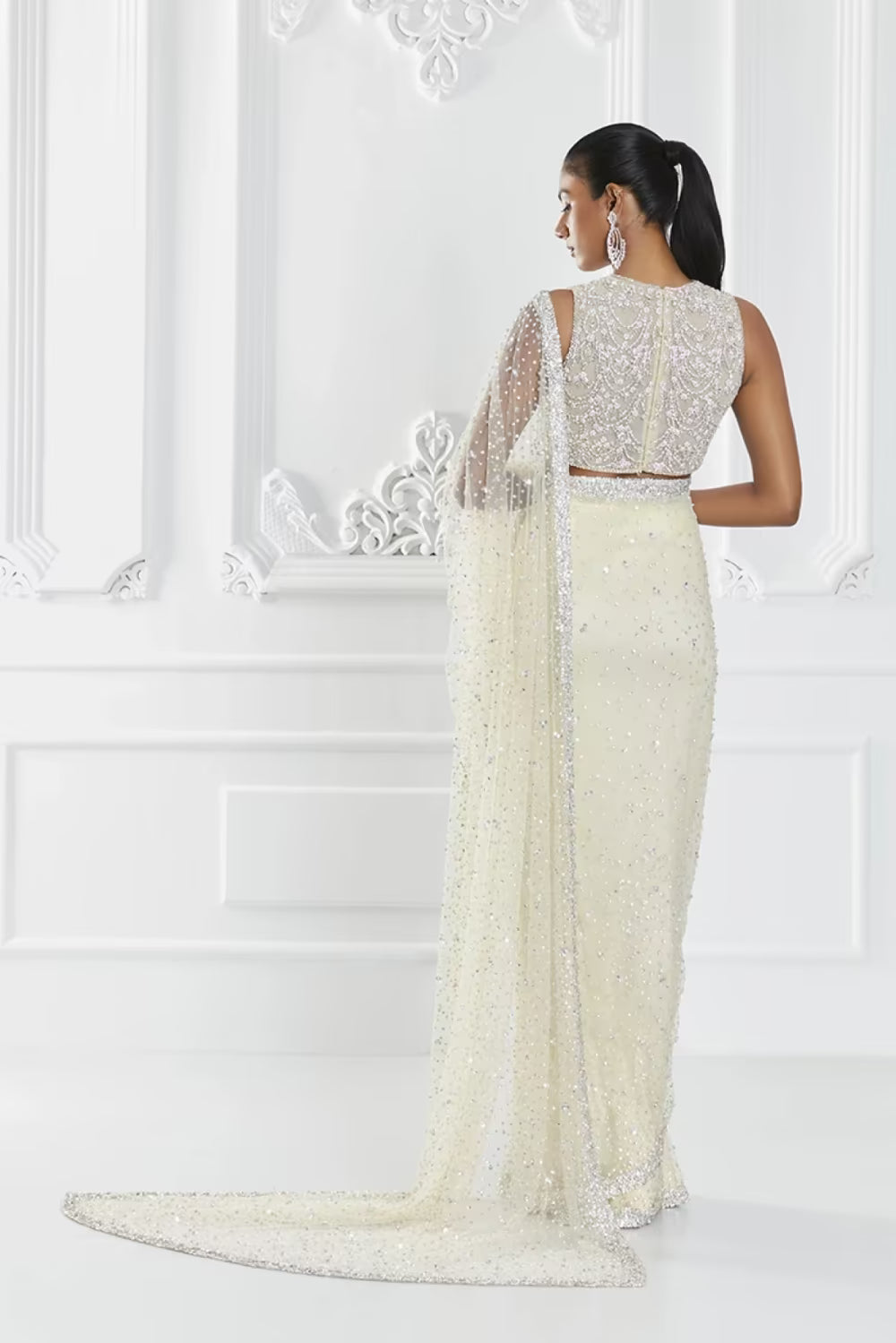 Ivory Pearl Embellished Saree Set