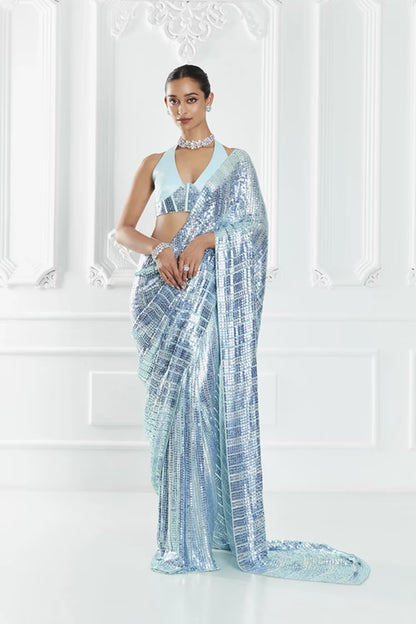 Blue Shaded Striped Sequin Saree Set