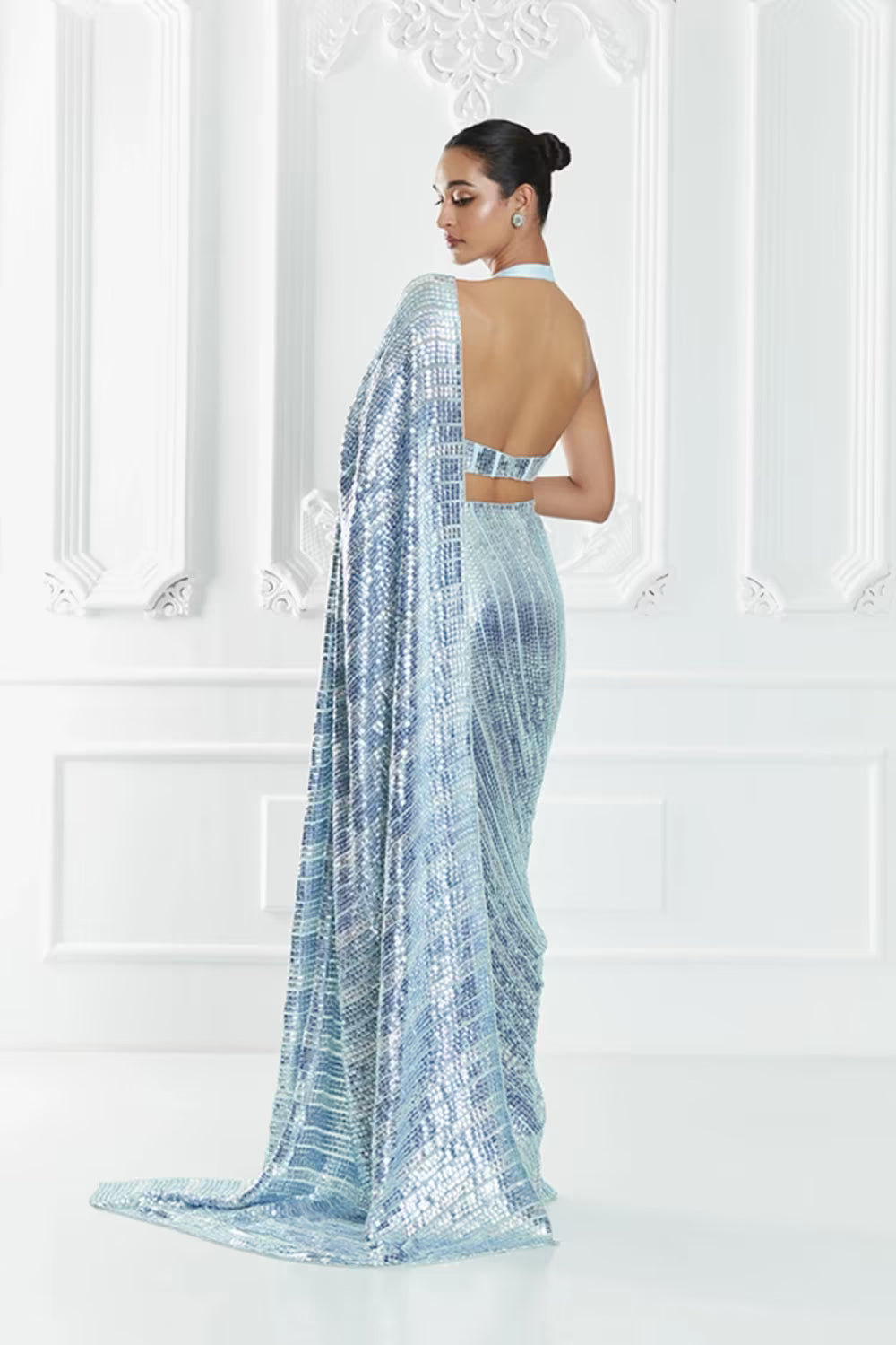 Blue Shaded Striped Sequin Saree Set