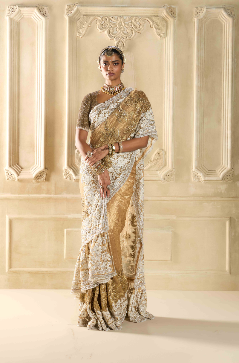 Gold Embroidered Tissue Saree Set