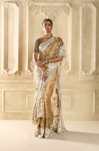 Gold Embroidered Tissue Saree Set