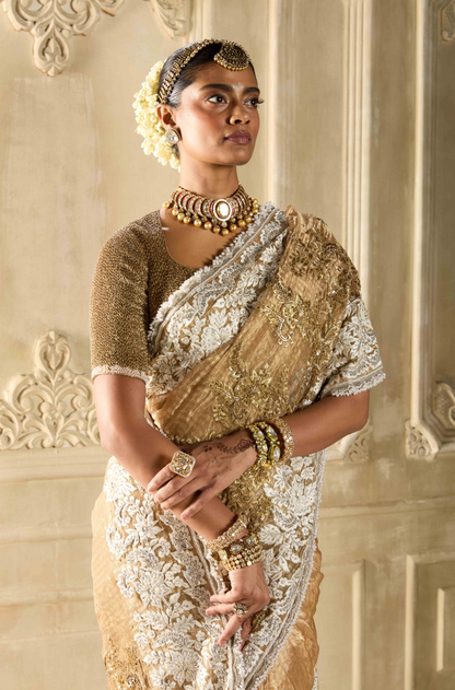Gold Embroidered Tissue Saree Set