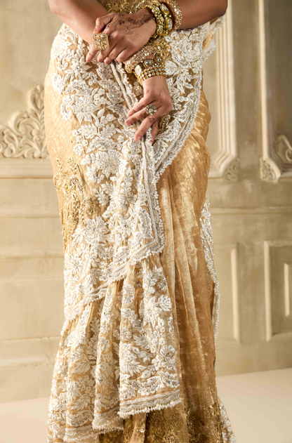 Gold Embroidered Tissue Saree Set