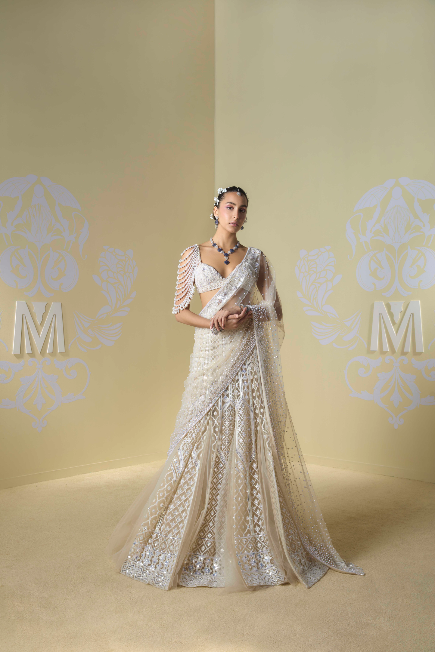 Cream and Ivory Kashmiri Embroidered Saree Set