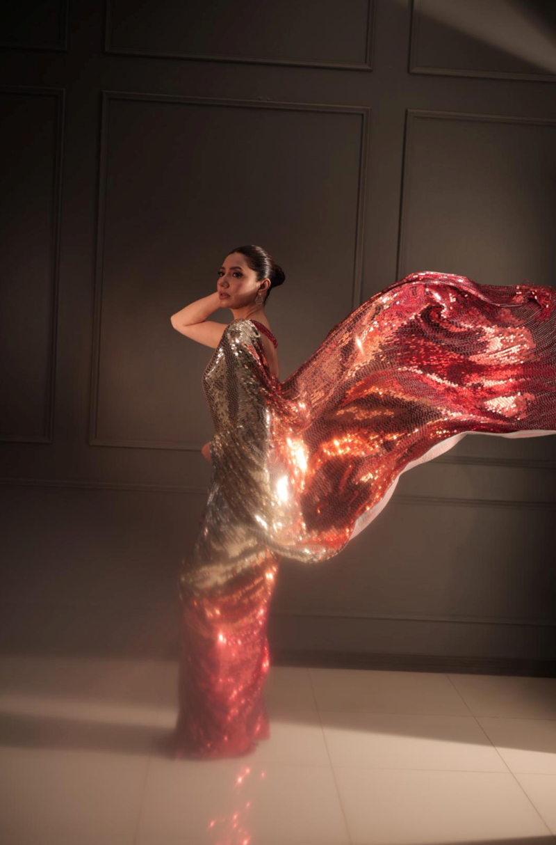 Mahira Khan in our Gold Shaded Sequin Georgette Saree Set