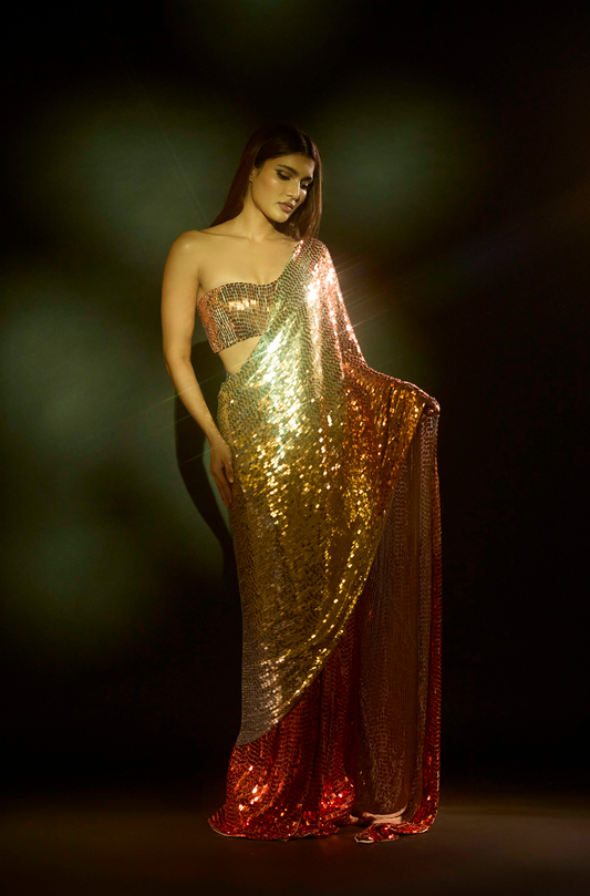 Alizeh Agnihotri in our Gold Shaded Sequin Georgette Saree Set