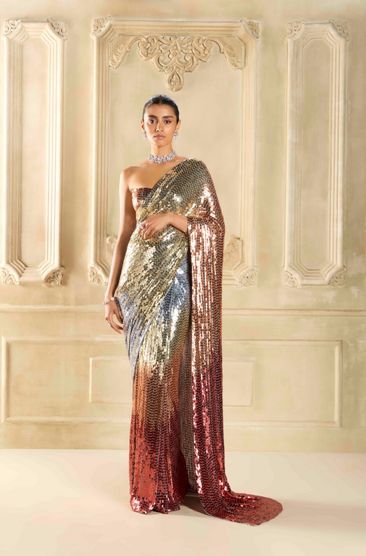 Gold Shaded Sequin Georgette Saree Set