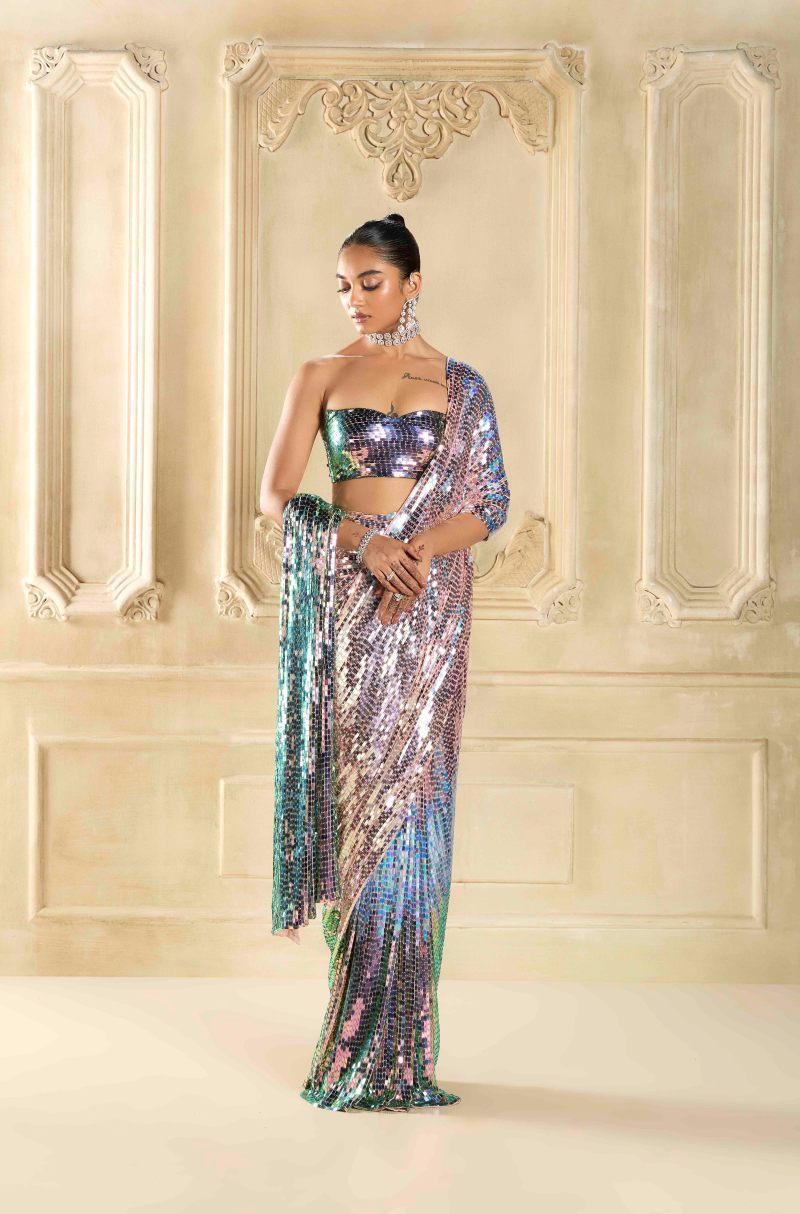 Iridescent sequin Georgette Saree Set