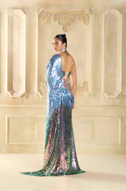 Iridescent sequin Georgette Saree Set