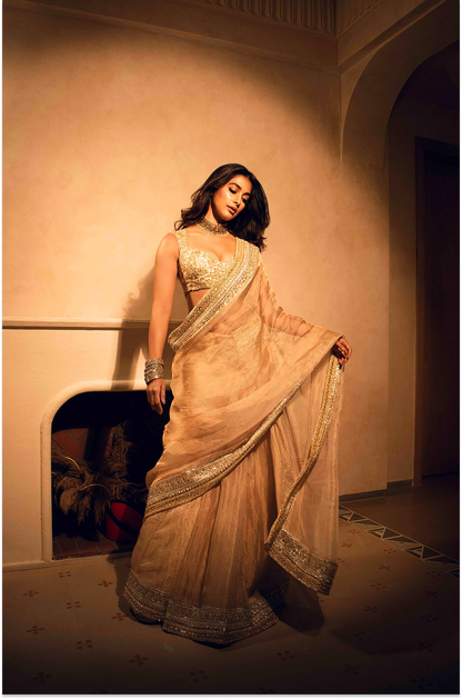 Pooja Hegde in our Beige Statement Border Saree Set