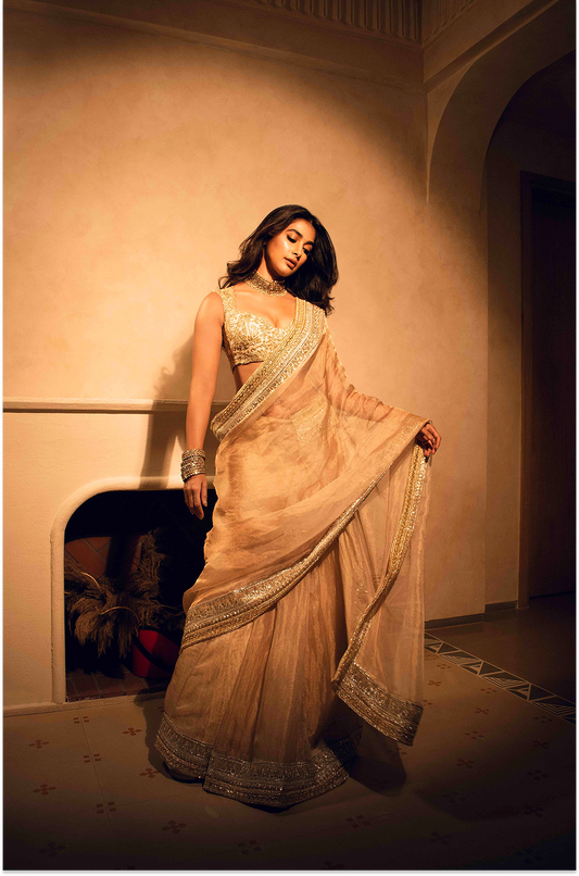 Pooja Hegde in our Beige Statement Border Saree Set