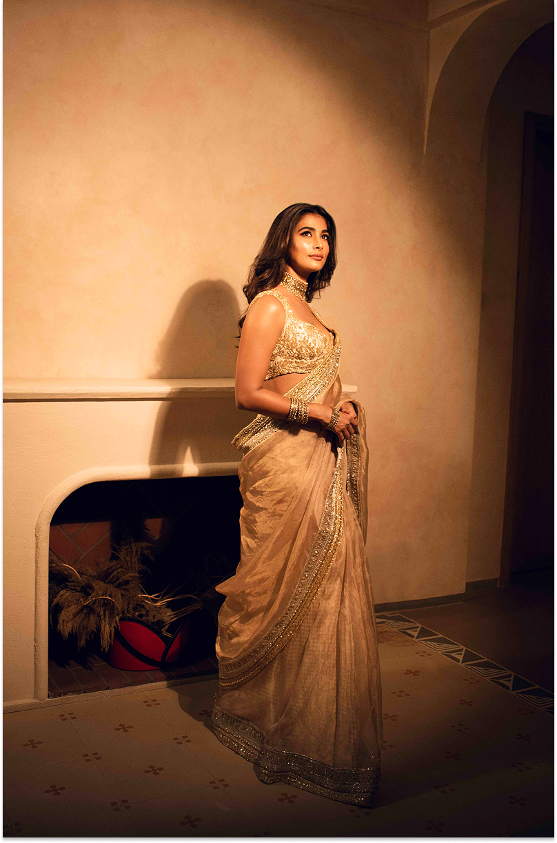 Pooja Hegde in our Beige Statement Border Saree Set