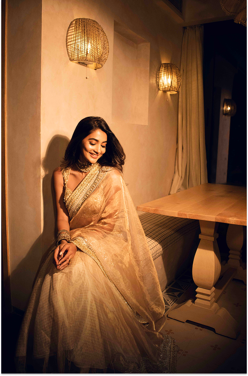 Pooja Hegde in our Beige Statement Border Saree Set