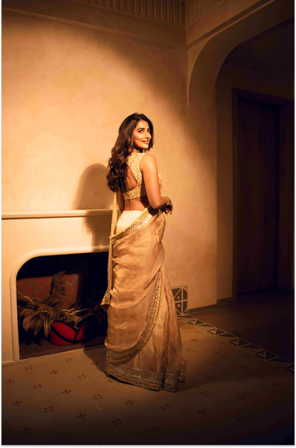 Pooja Hegde in our Beige Statement Border Saree Set