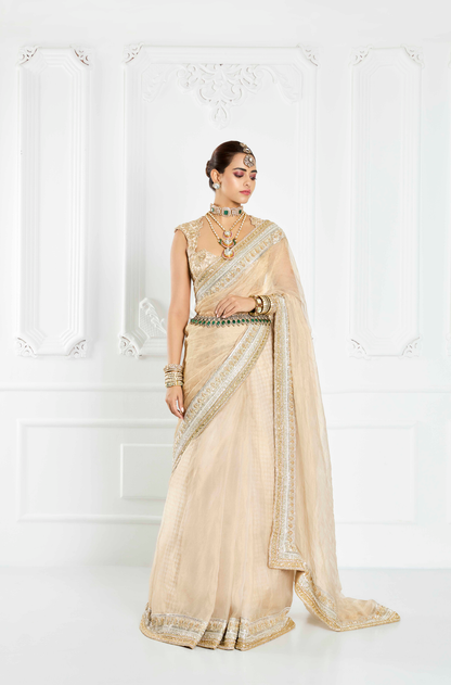 Beige Statement Border Saree Set