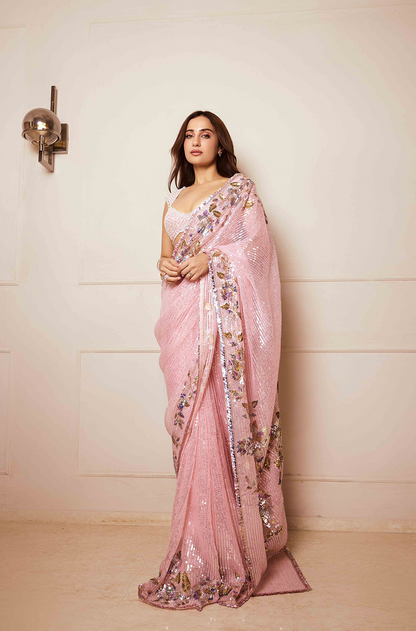 Kusha Kapila in our Pink Organza Sequin Saree Set