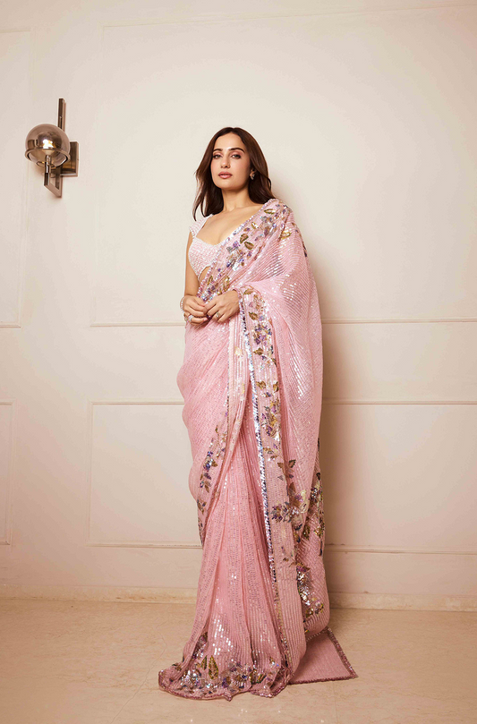 Kusha Kapila in our Pink Organza Sequin Saree Set