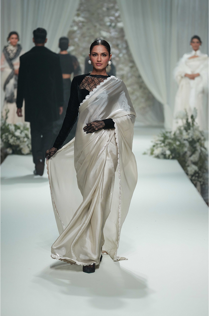 Oyster Grey Organza with Scallop Border Saree Set