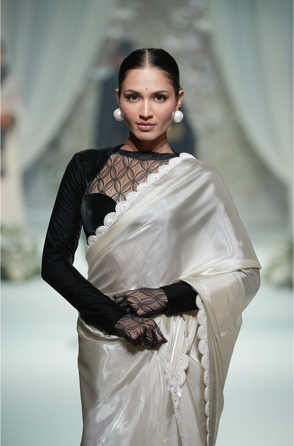 Oyster Grey Organza with Scallop Border Saree Set