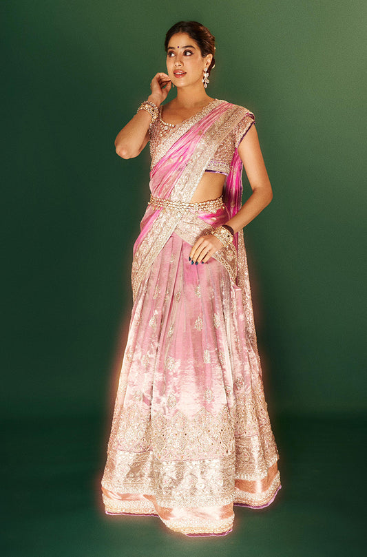 Janhvi Kapoor in our Dusty Rose Pink Tissue Pattu Pavda Lehenga Set
