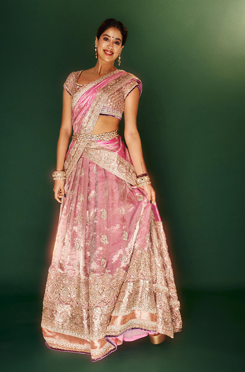 Janhvi Kapoor in our Dusty Rose Pink Tissue Pattu Pavda Lehenga Set