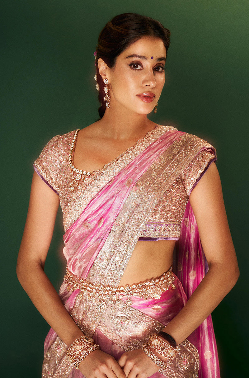 Janhvi Kapoor in our Dusty Rose Pink Tissue Pattu Pavda Lehenga Set