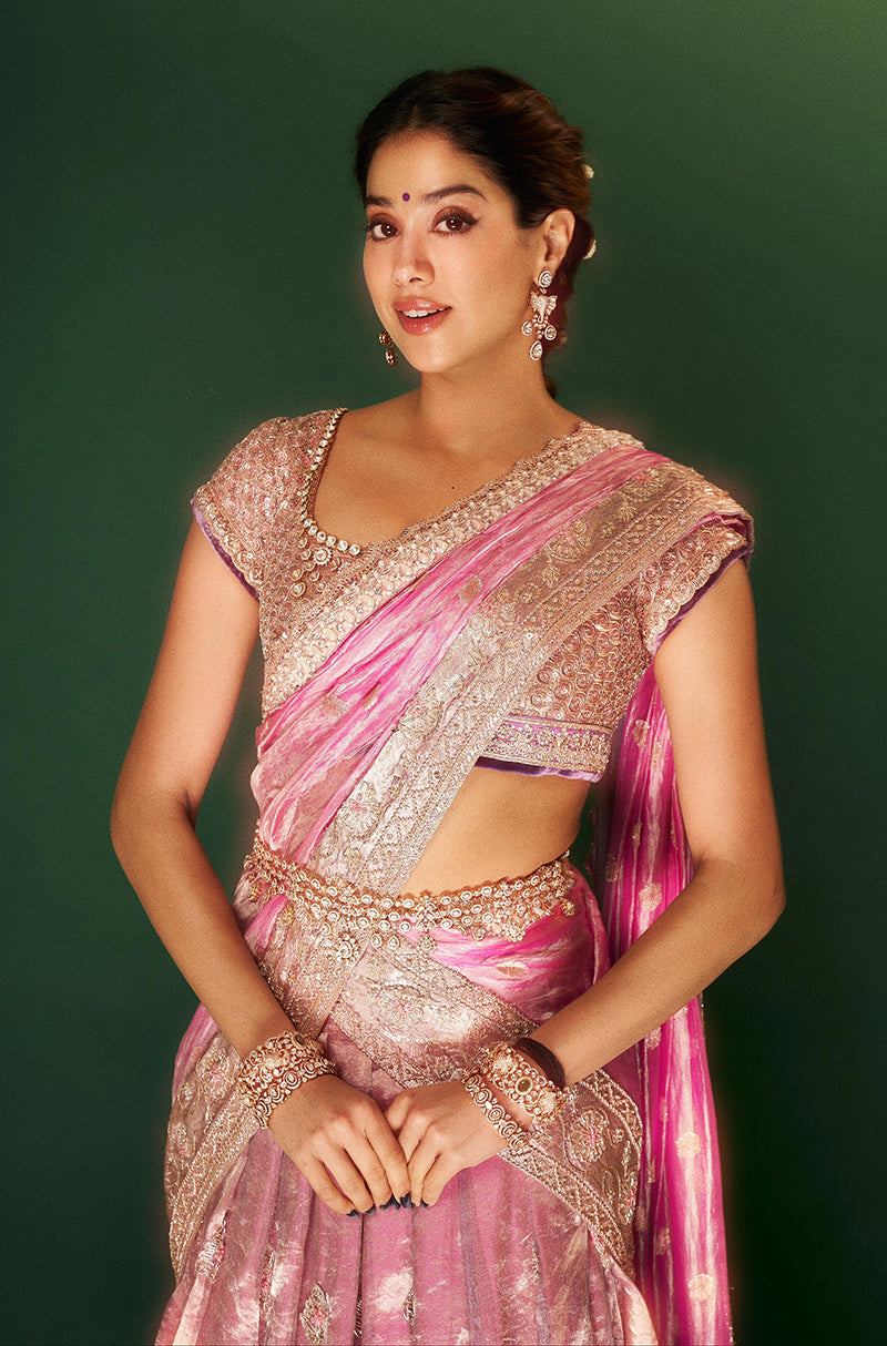 Janhvi Kapoor in our Dusty Rose Pink Tissue Pattu Pavda Lehenga Set