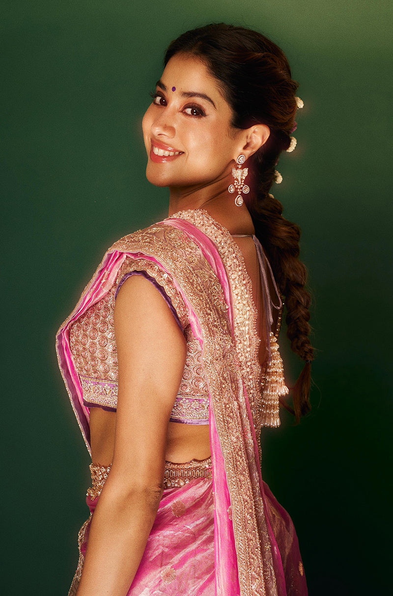 Janhvi Kapoor in our Dusty Rose Pink Tissue Pattu Pavda Lehenga Set