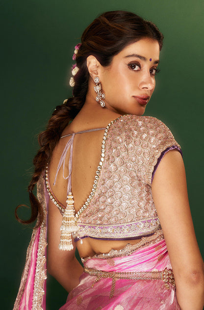 Janhvi Kapoor in our Dusty Rose Pink Tissue Pattu Pavda Lehenga Set