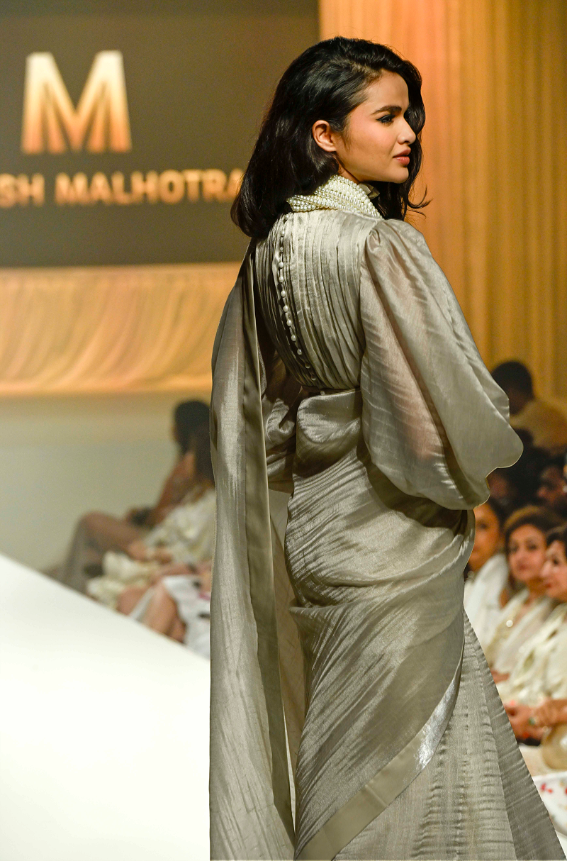 Grey Textured with Ruffled Blouse Saree Set