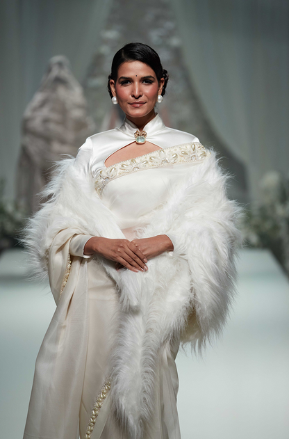 Ivory with Pearl & Sequin Border Saree Set