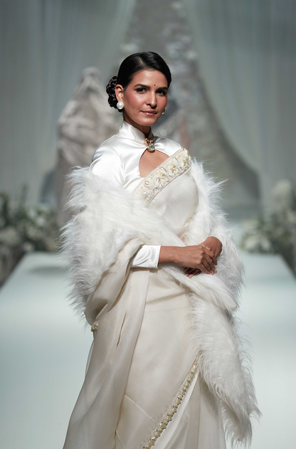 Ivory with Pearl & Sequin Border Saree Set