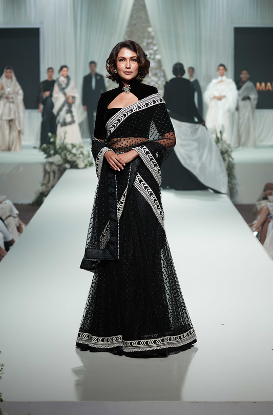 Black Net Polka Dot Net Stitched Saree Set