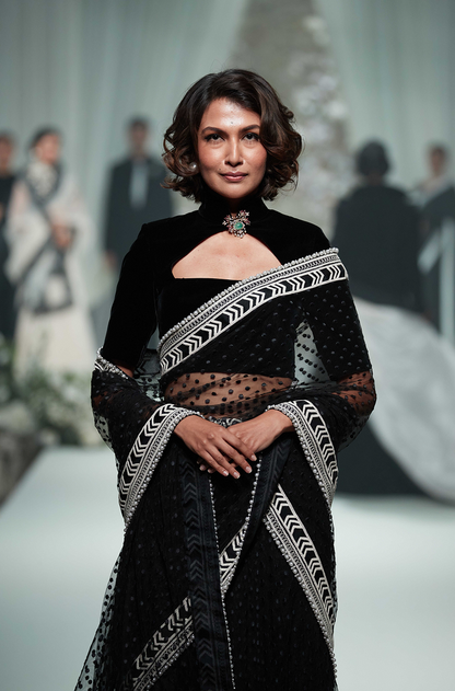 Black Net Polka Dot Net Stitched Saree Set