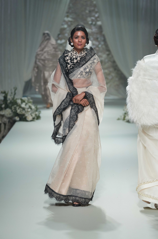 Off White with Black Lace Border Saree Set