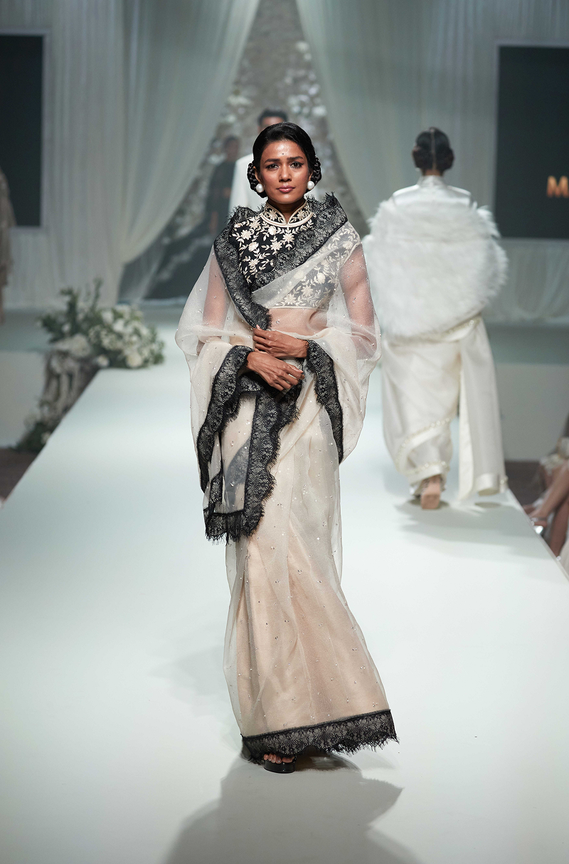 Off White with Black Lace Border Saree Set