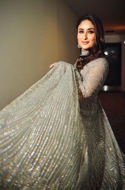 Kareena Kapoor Khan in our Grey Holographic Stone Wave Saree Set