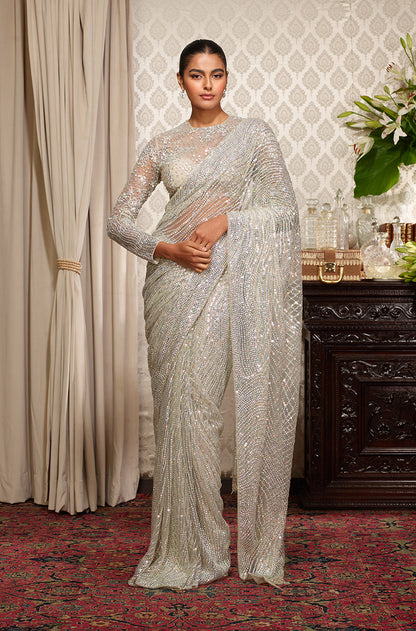 Grey Holographic Stone Wave Saree Set