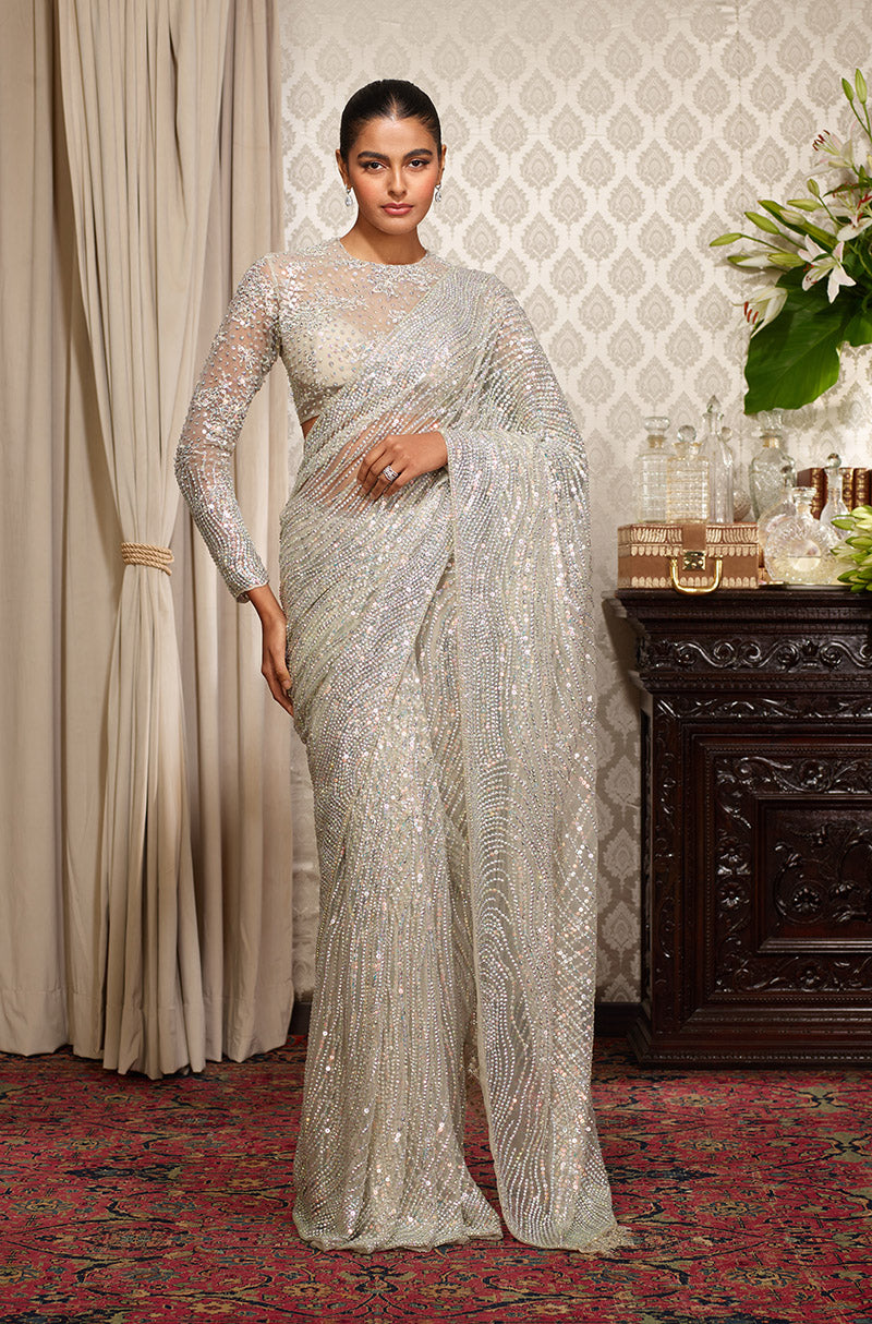 Grey Holographic Stone Wave Saree Set
