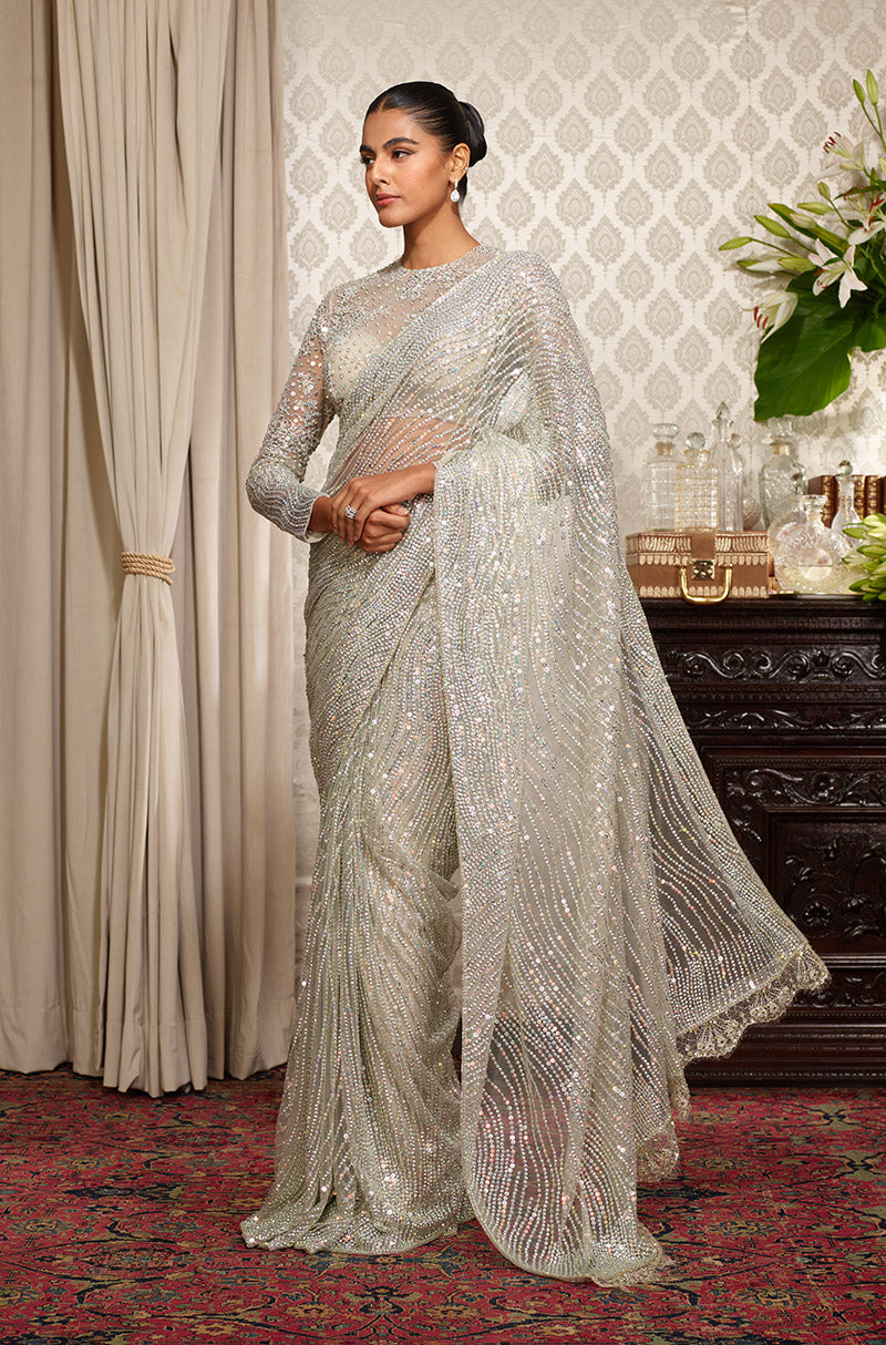 Grey Holographic Stone Wave Saree Set