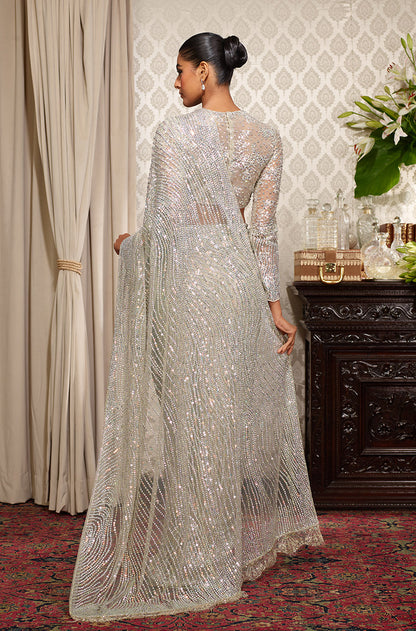 Grey Holographic Stone Wave Saree Set