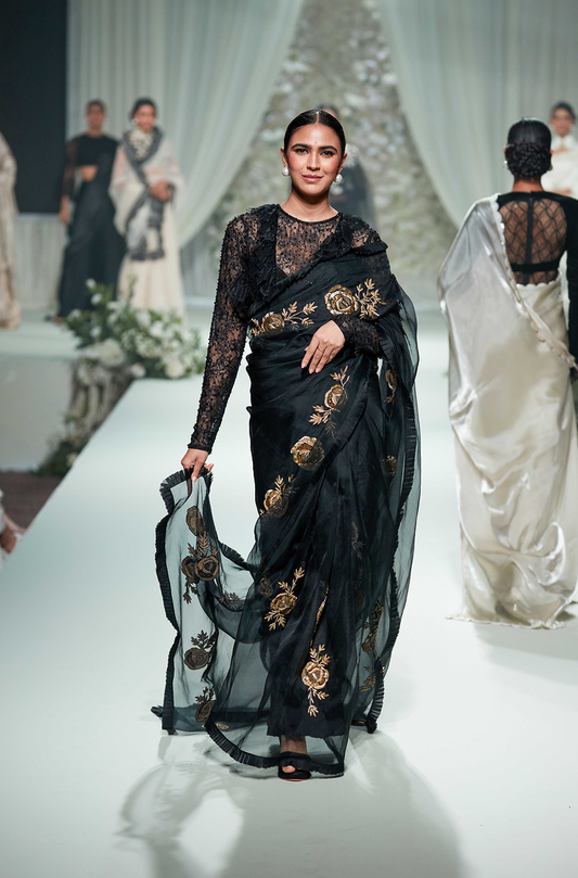 Black Nakshi Floral Embroidered Saree Set