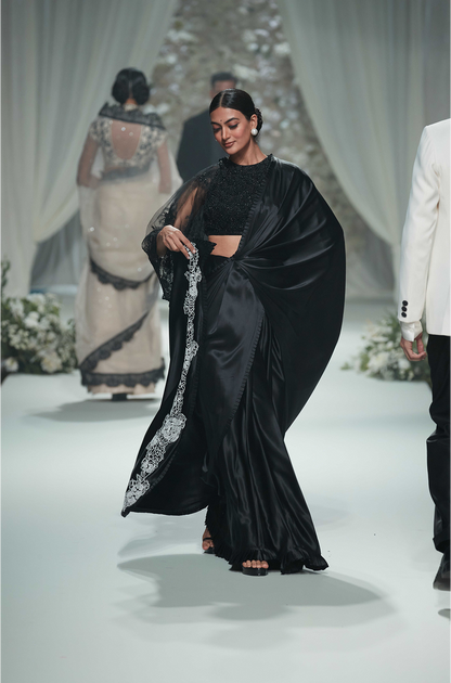 Black Satin with 3D Embroidered Saree Set