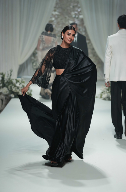 Black Satin with 3D Embroidered Saree Set