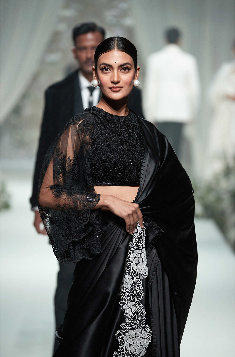 Black Satin with 3D Embroidered Saree Set