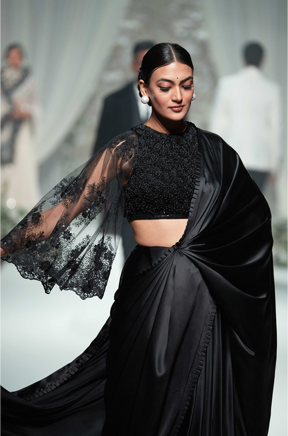 Black Satin with 3D Embroidered Saree Set