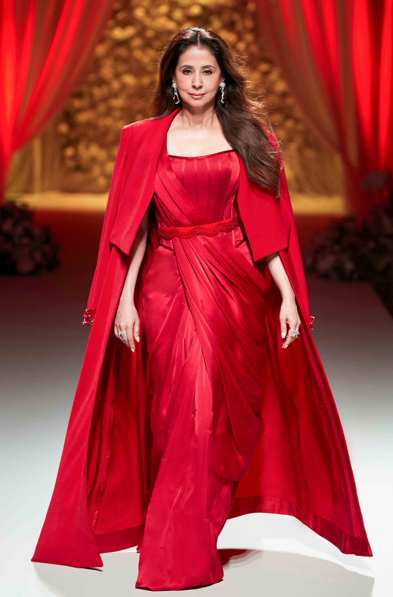 Urmila Matondkar in our Red Pleated Stitched Saree Set