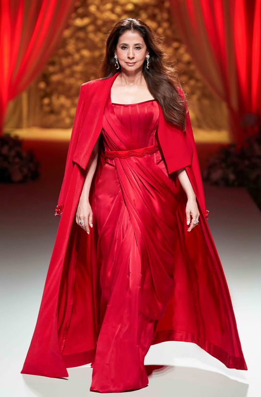 Urmila Matondkar in our Red Pleated Stitched Saree Set