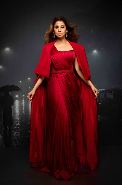 Urmila Matondkar in our Red Pleated Stitched Saree Set